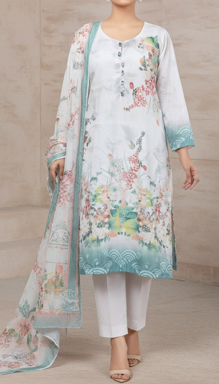 3 PC Printed Raw Silk Suit PW5190