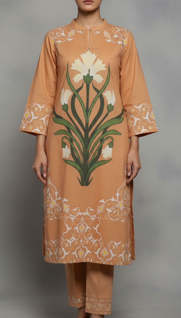 Beige Digital Printed Cotton Cambric Shirt   PW5208