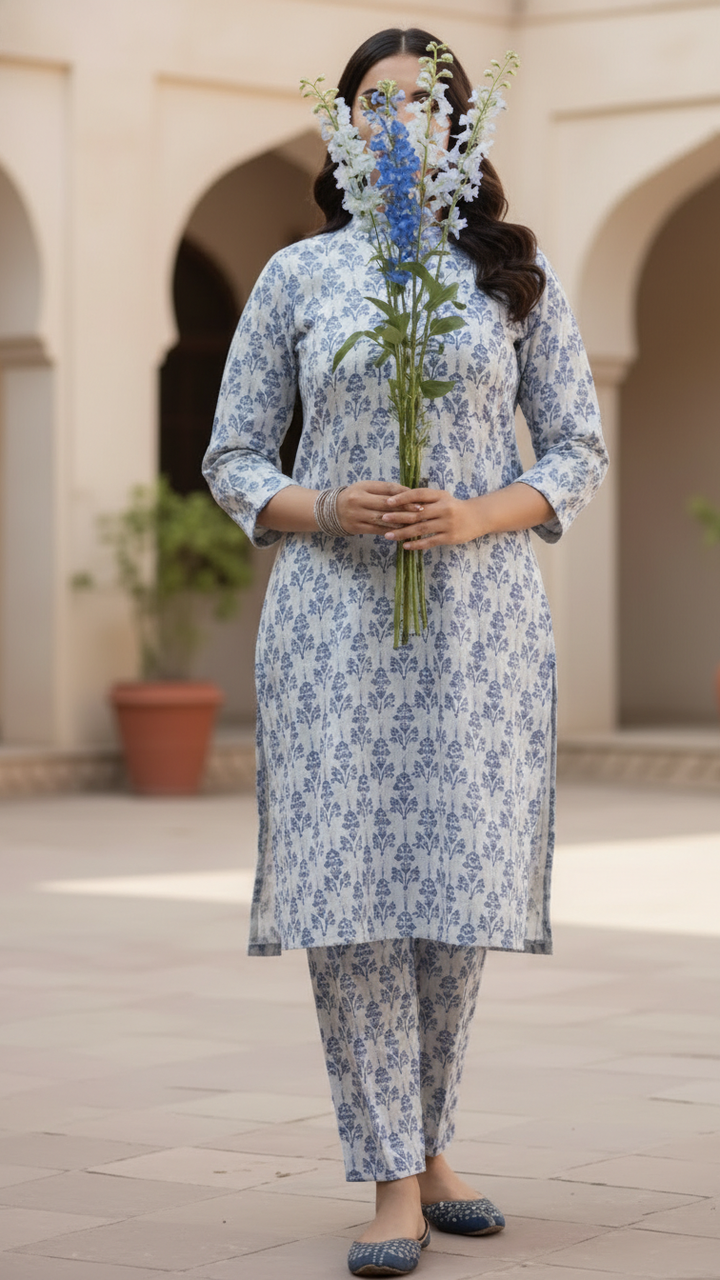 2PC Printed Viscose Linen Chambray Suit PW5218