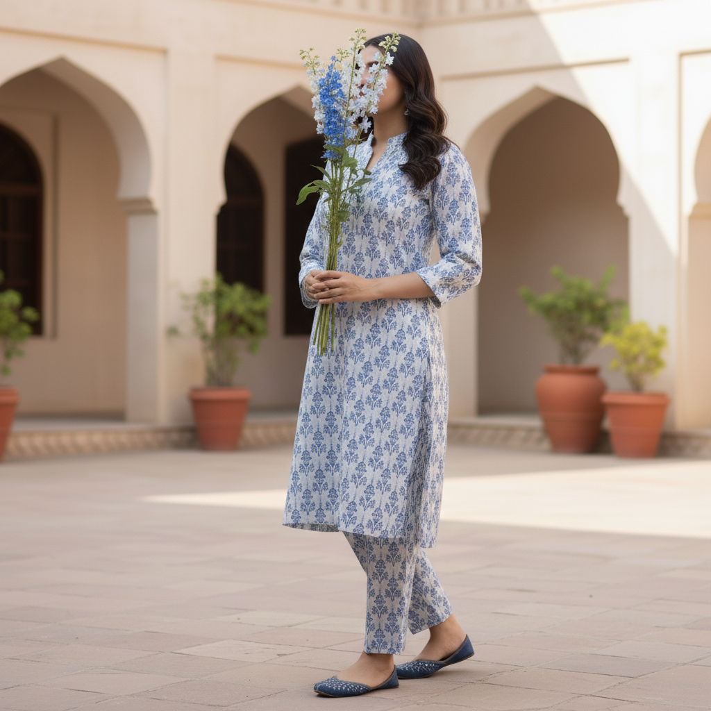2PC Printed Viscose Linen Chambray Suit PW5218