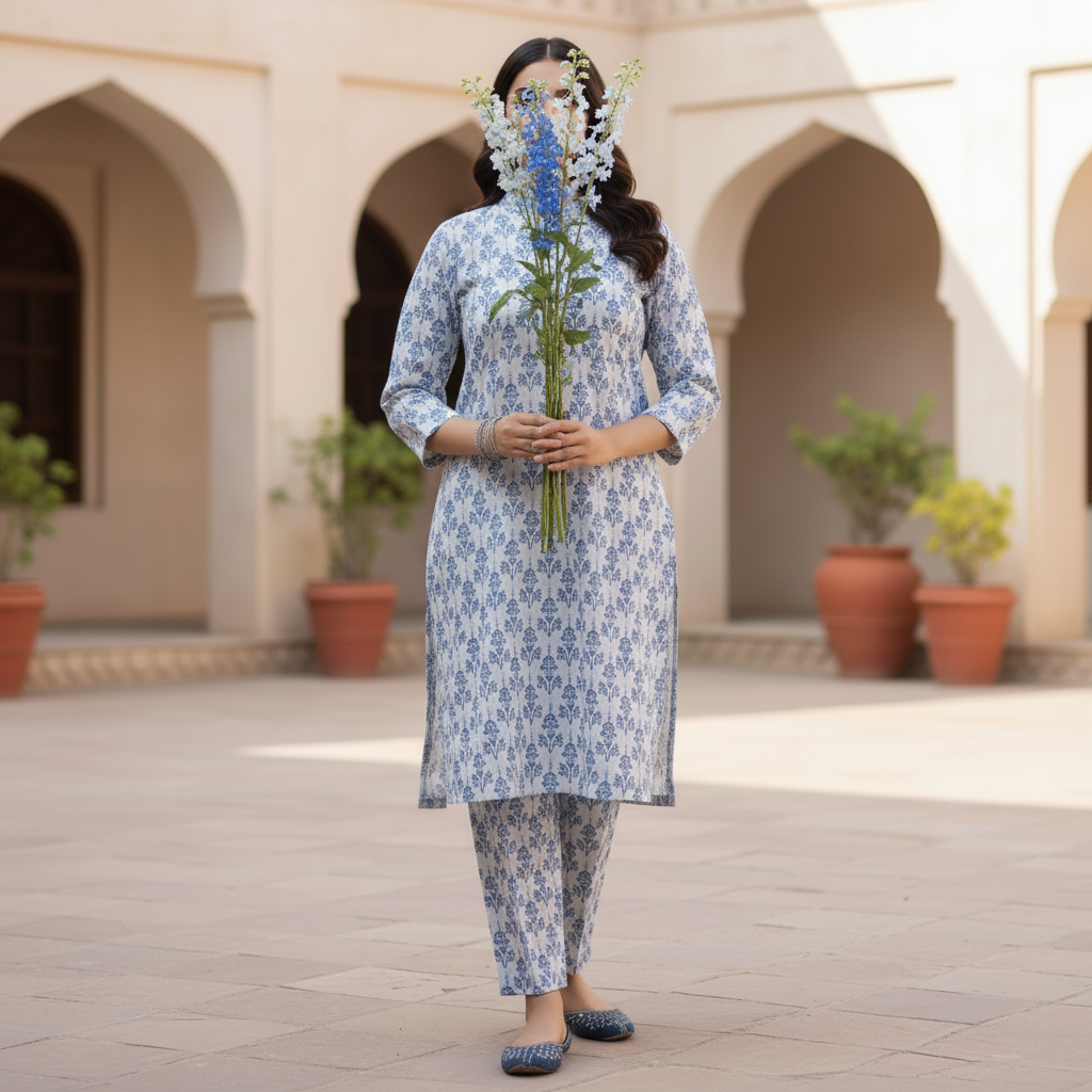 2PC Printed Viscose Linen Chambray Suit PW5218