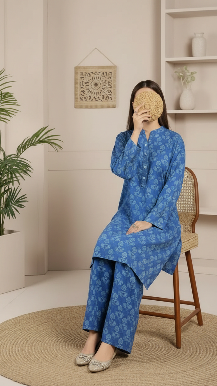 2PC Printed Viscose Linen Chambray Suit PW5219