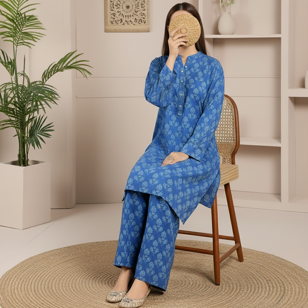 2PC Printed Viscose Linen Chambray Suit PW5219