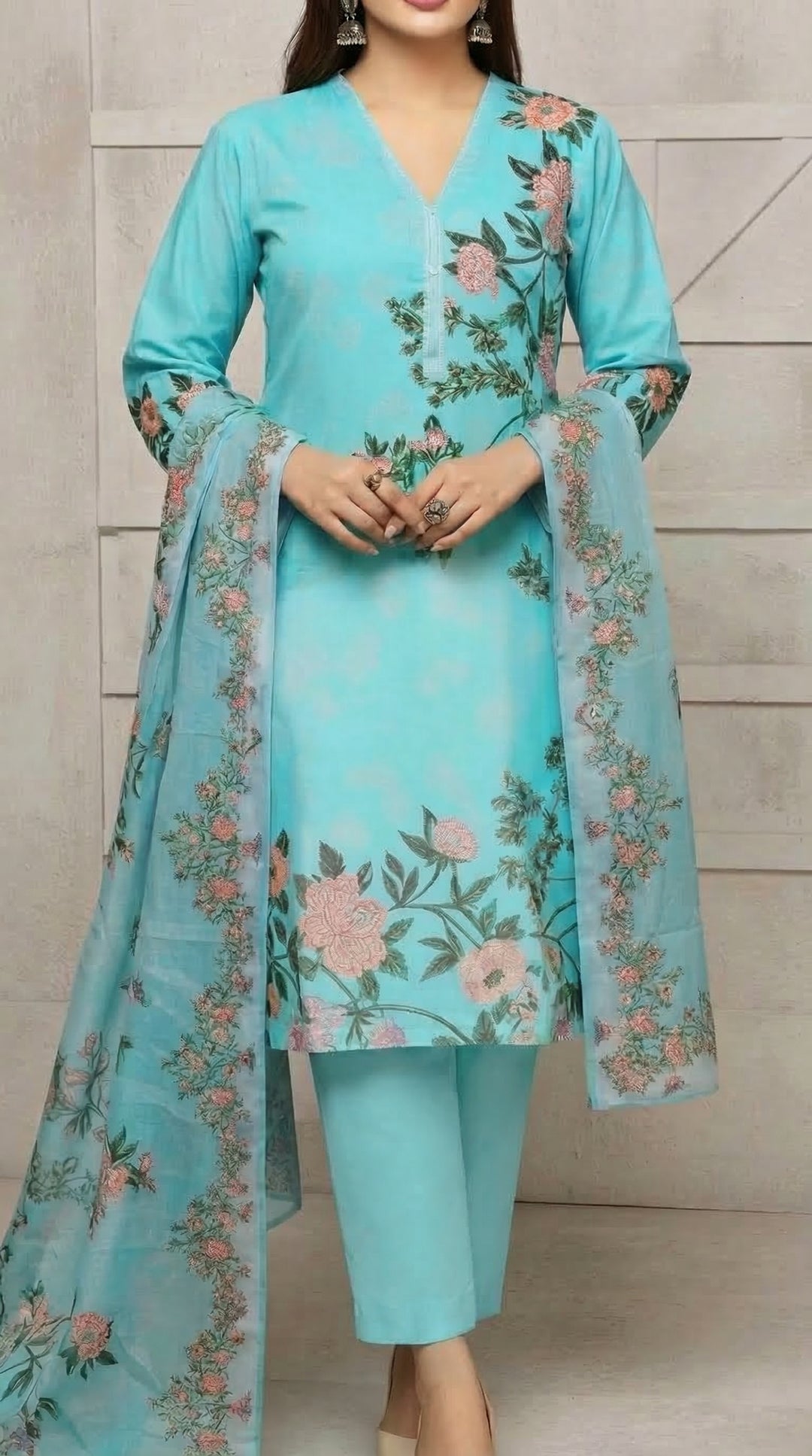 3 PC Digital Printed Cotton Cambric Suit PW5250