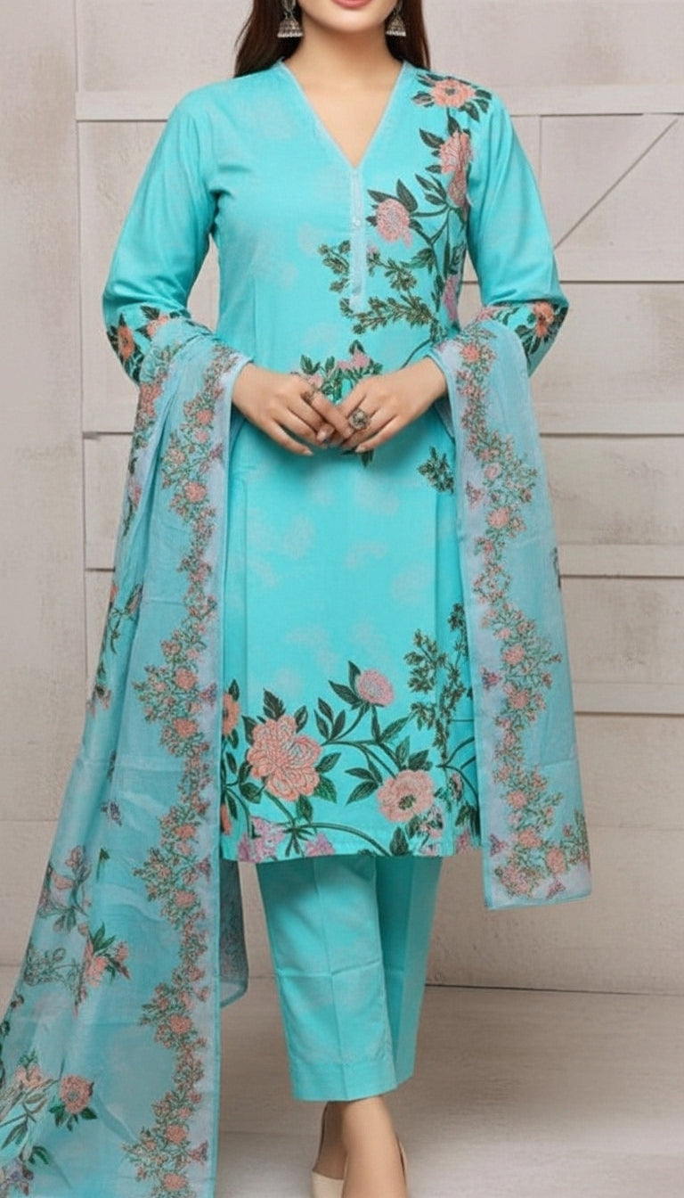3 PC Digital Printed Cotton Cambric Suit PW5250