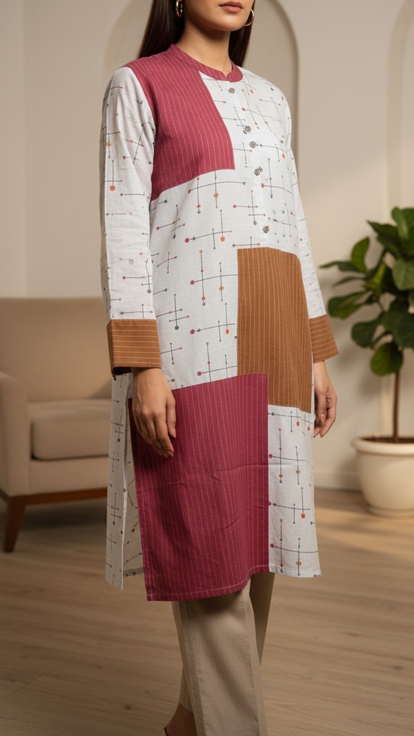 Off/White Digital Printed Slub Khaddar Shirt PW5255