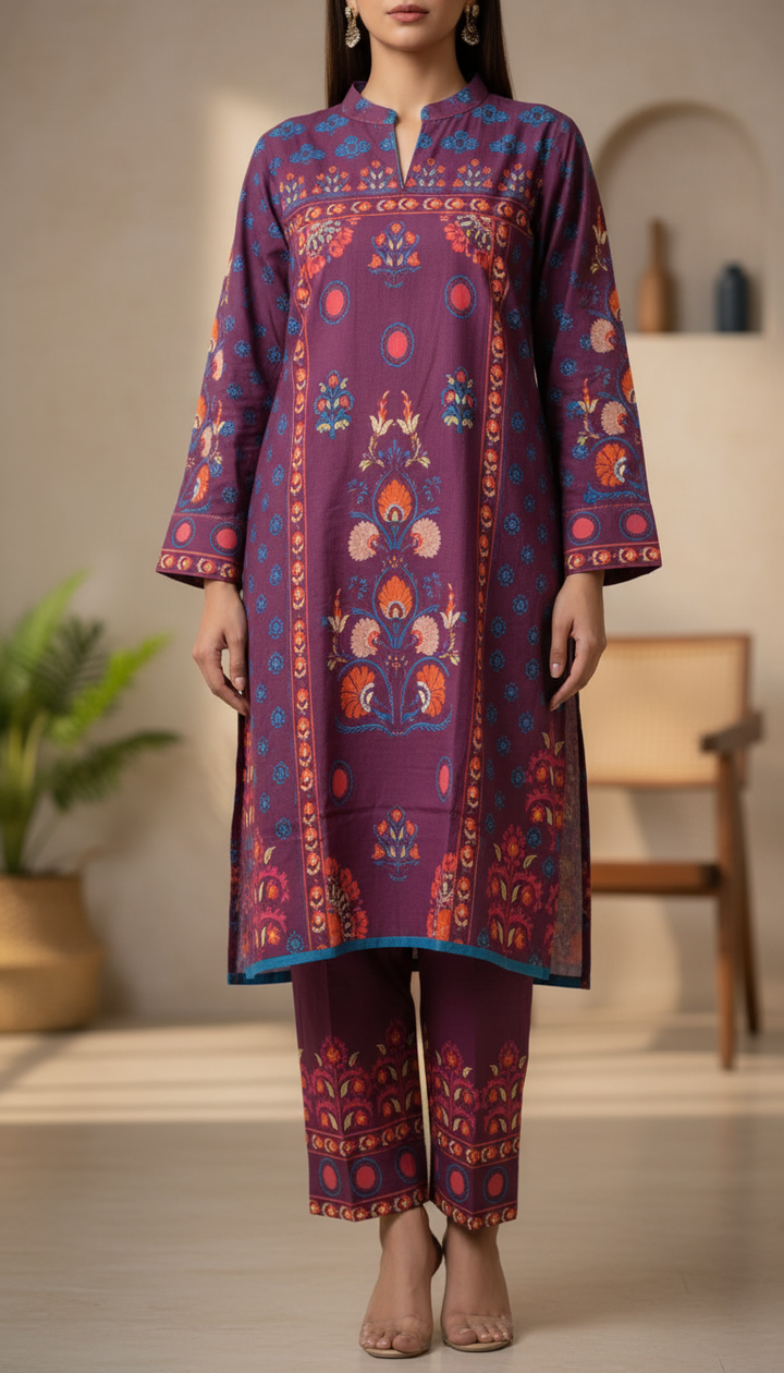 2PC Digital Printed Slub Khader Suit PW5269
