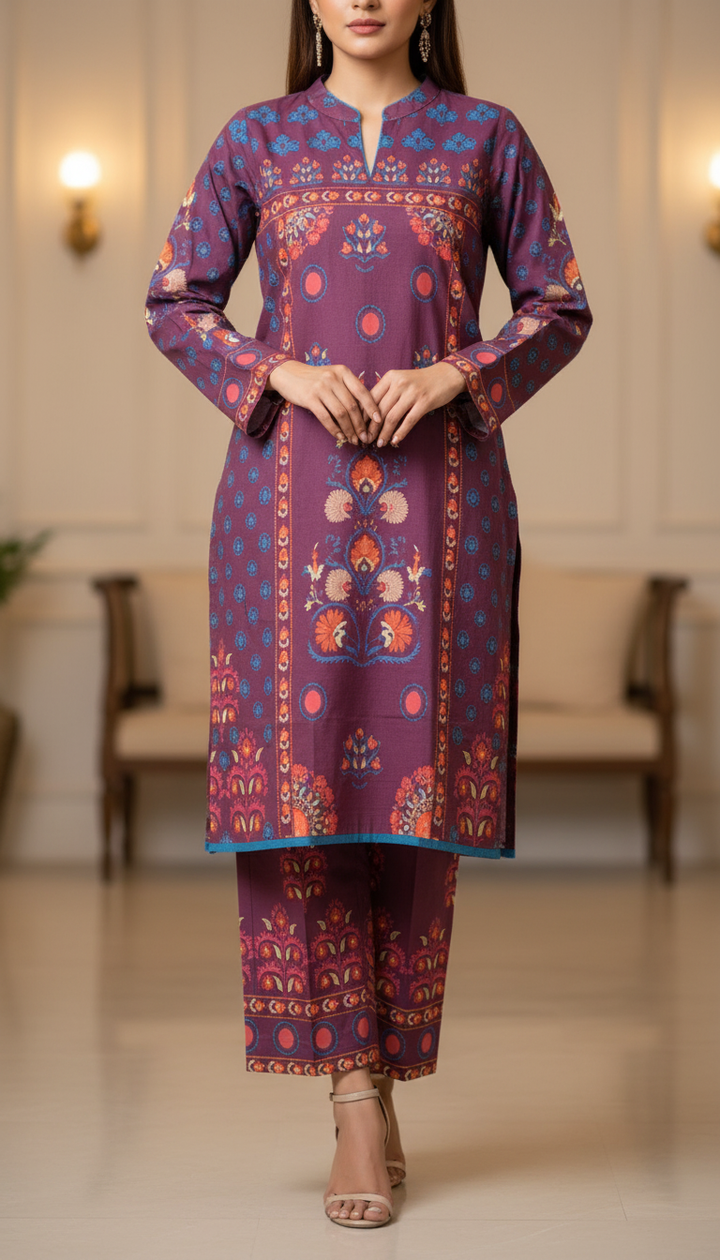 2PC Digital Printed Slub Khader Suit PW5269