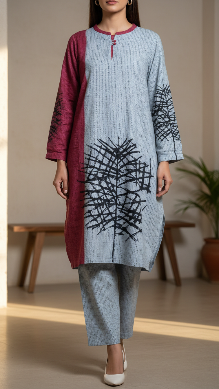 Red Digital Printed Slub Khaddar Shirt PW5288