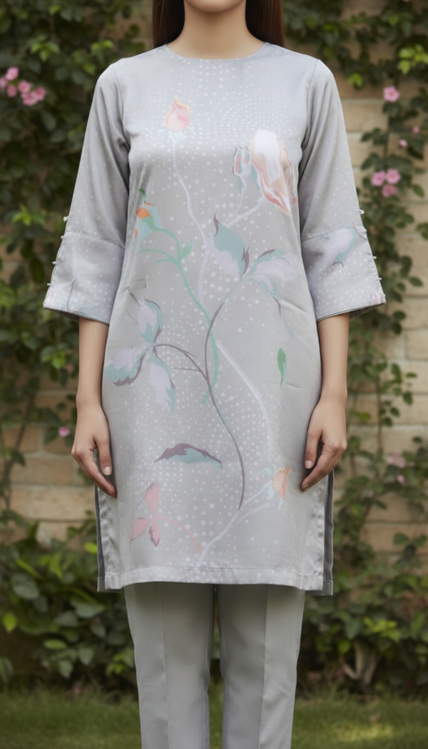 Grey Digital Printed Shamouse Silk Shirt PW5322