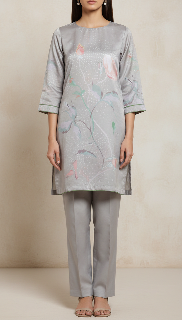 Grey Digital Printed Shamouse Silk Shirt PW5322