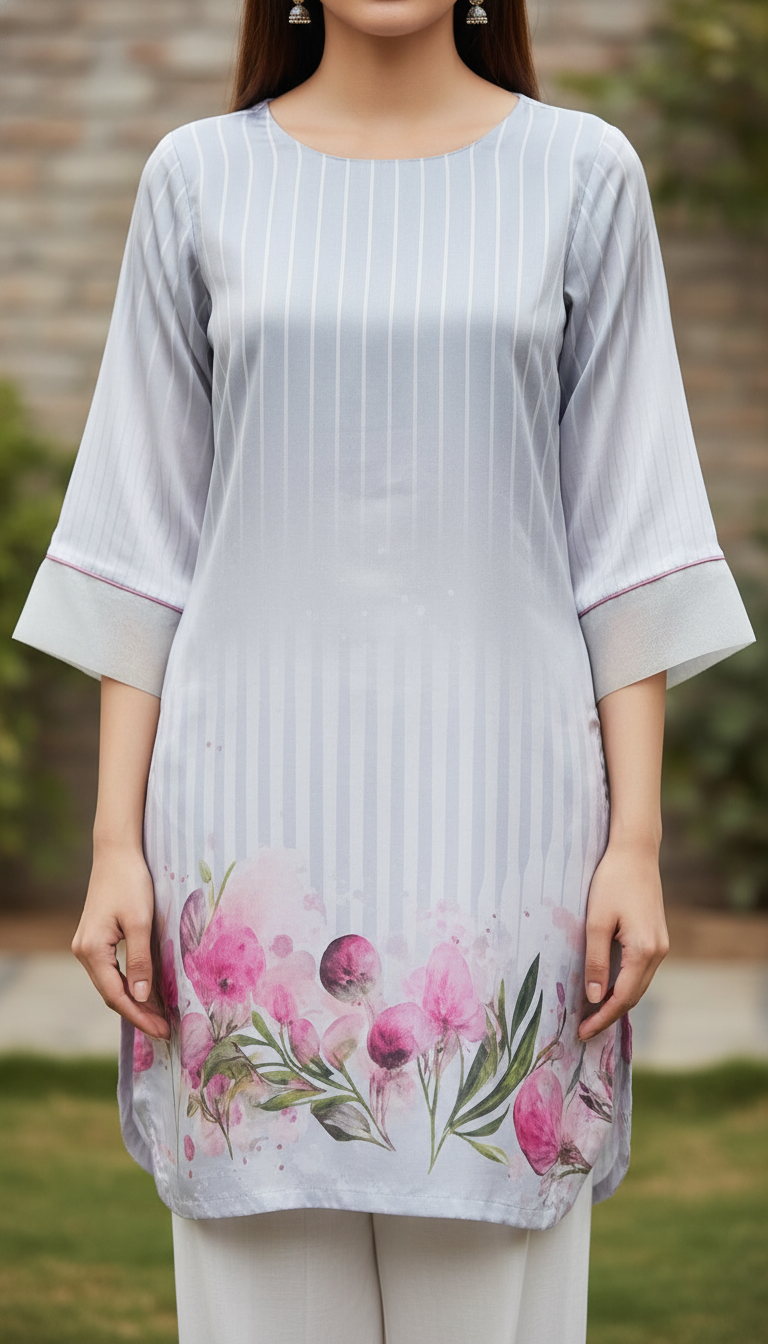 Grey Digital Printed Shamouse Silk Shirt PW5344