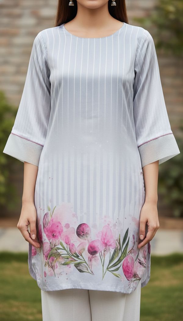 Grey Digital Printed Shamose Silk Shirt PW5344