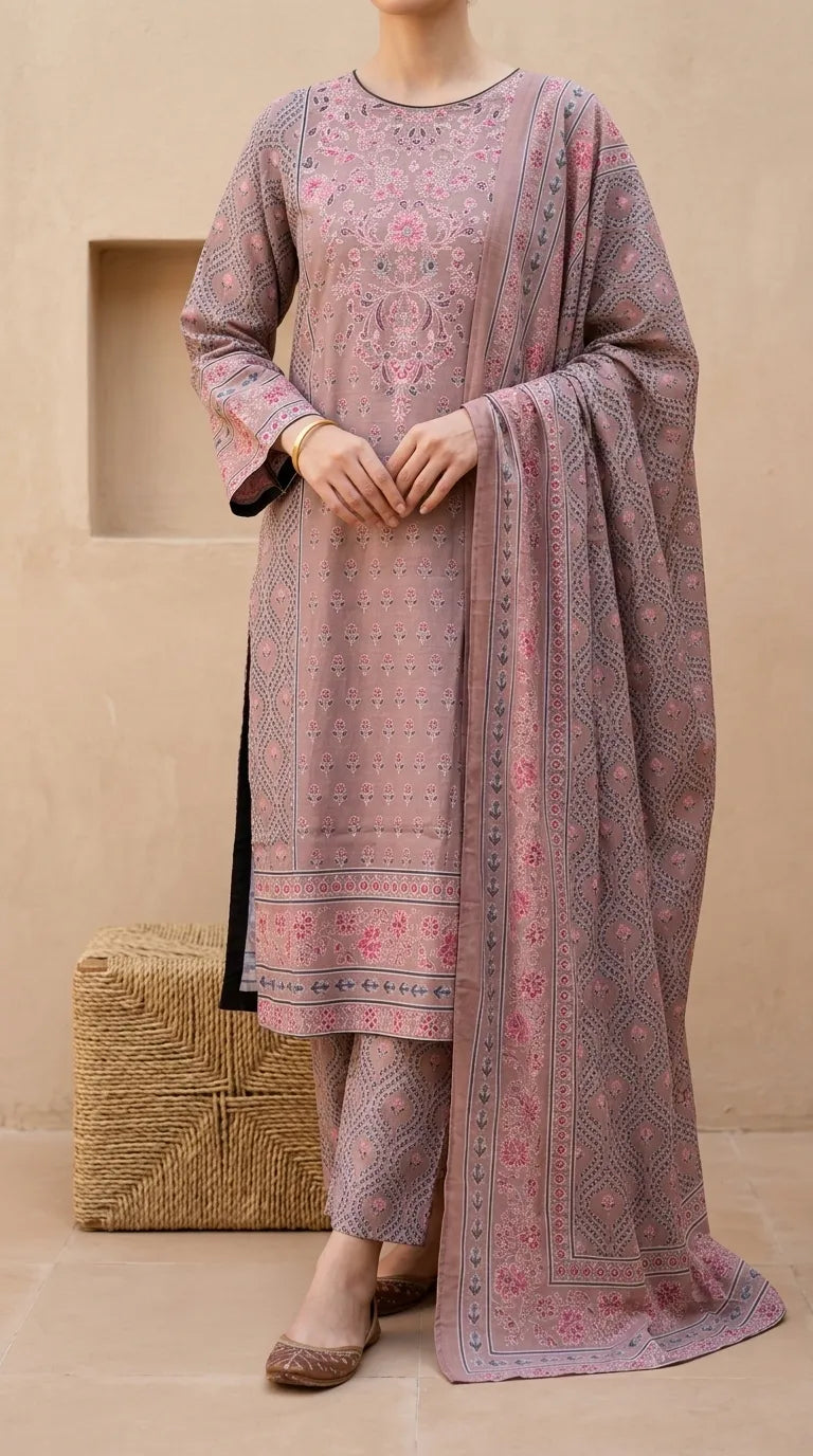 3 PC Digital Printed Khaddar Stitched Suit PW535402
