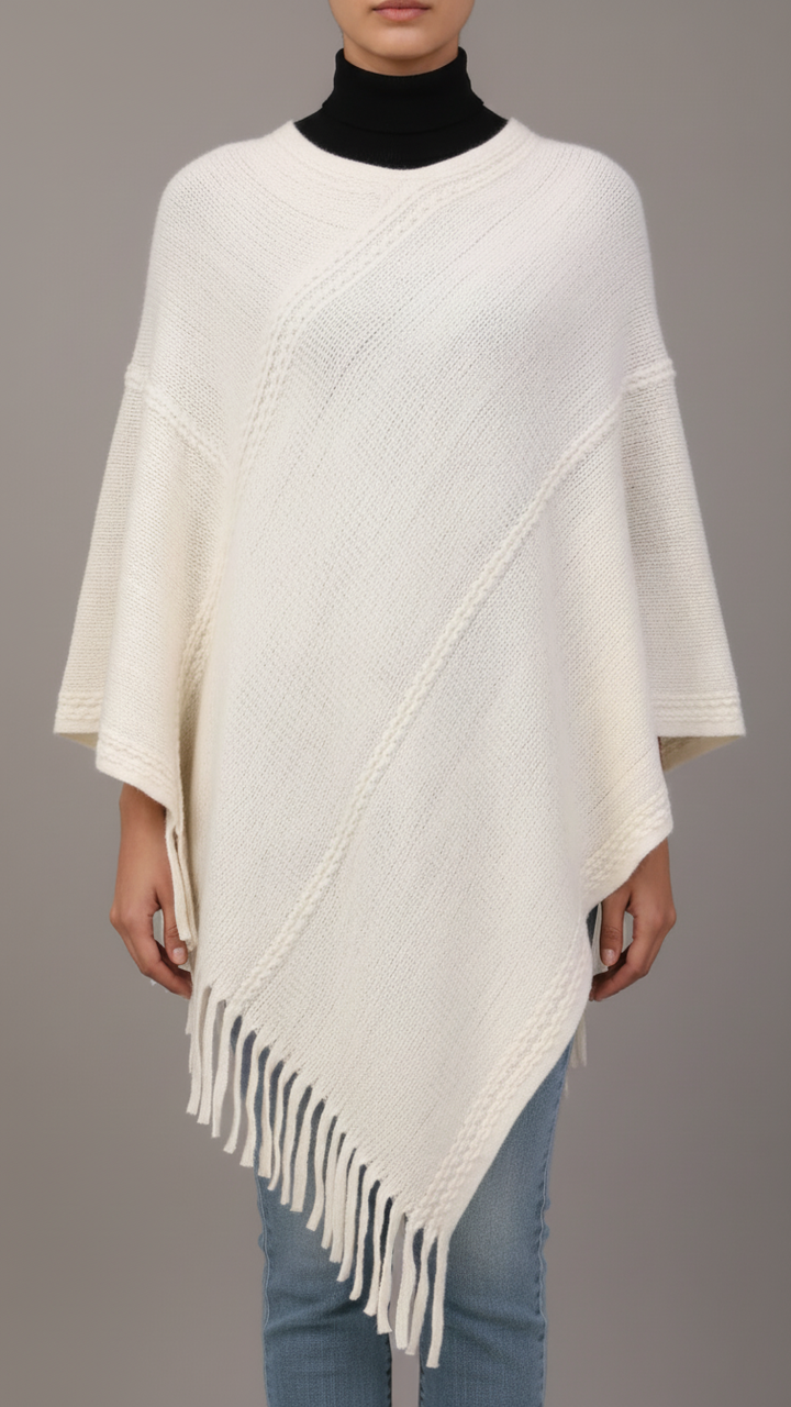 Off/White Sweater Knit Triangle Cape Shawl PW5620