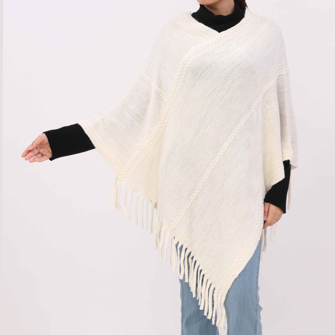 Off/White Sweater Knit Triangle Cape Shawl PW5620
