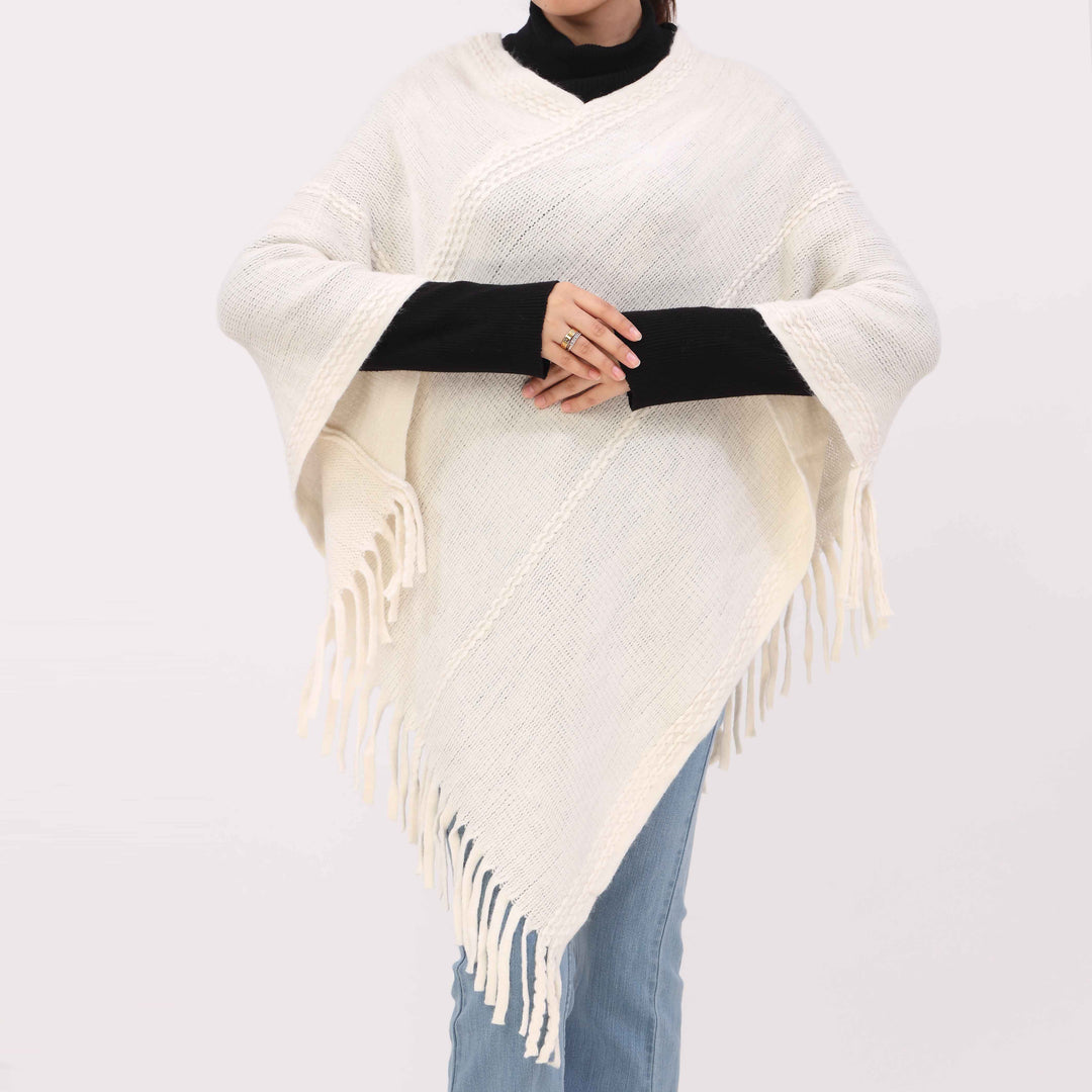 Off/White Sweater Knit Triangle Cape Shawl PW5620