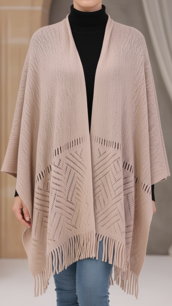 Beige Sweater Knit Cape Shawl PW5623