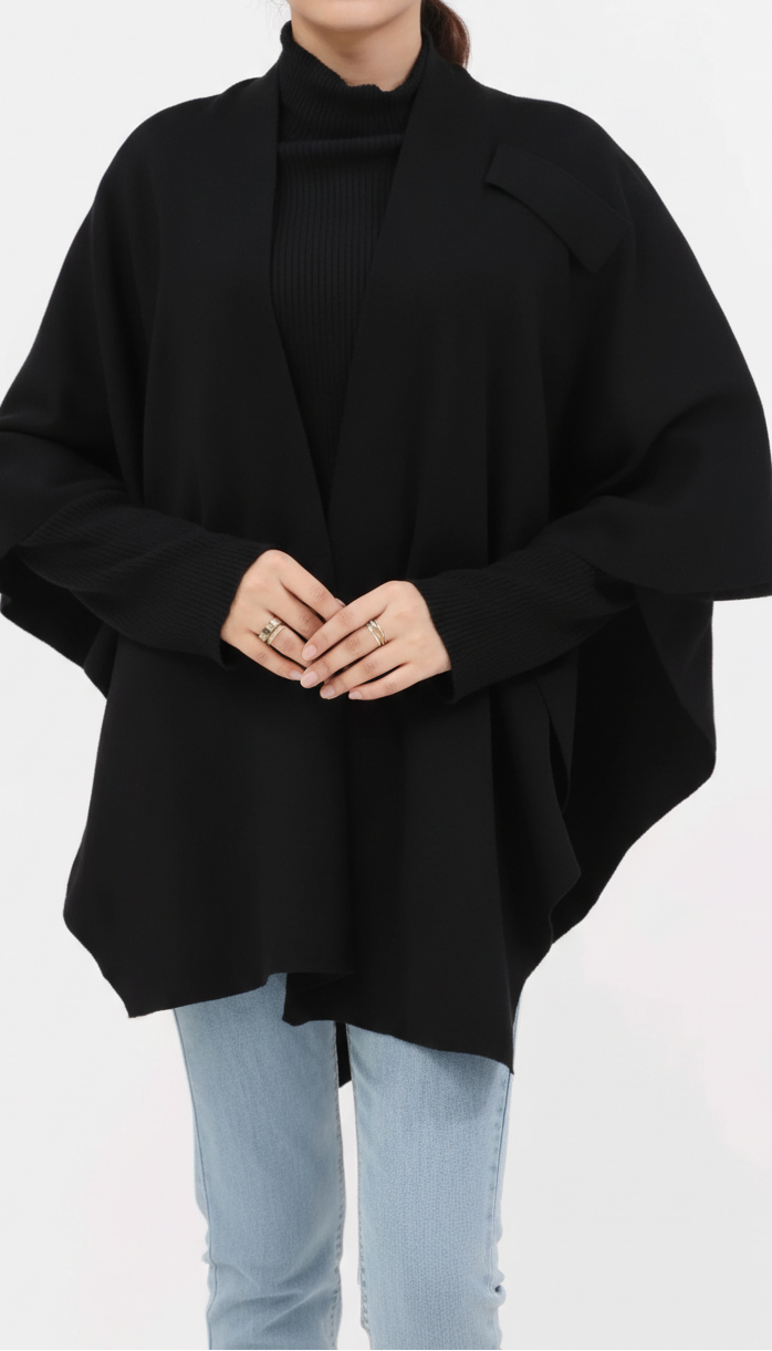 Black Sweater Knit Cape Shawl PW5624