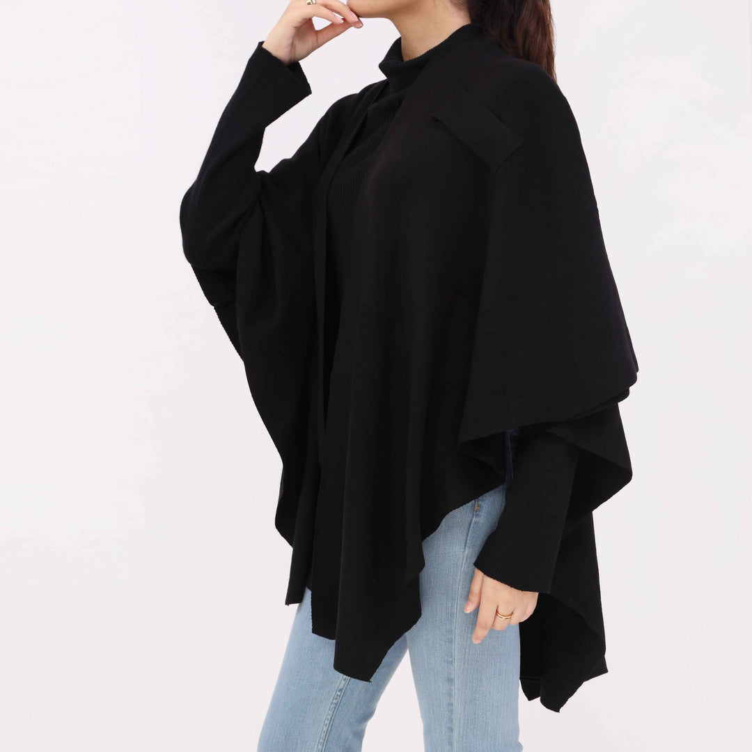 Black Sweater Knit Cape Shawl PW5624