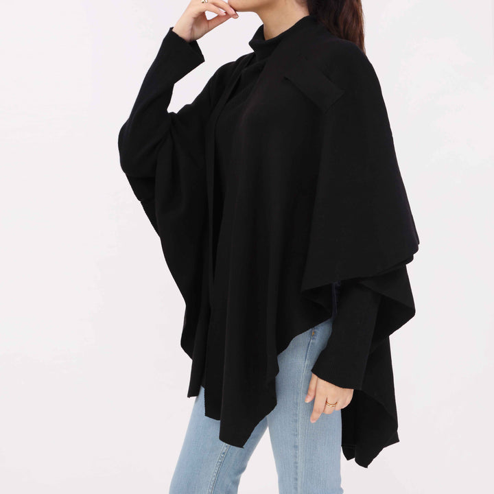 Black Sweater Knit Cape Shawl PW5624