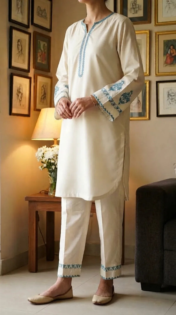 2 PC Embellished Cambric Stitched Suit PW600293