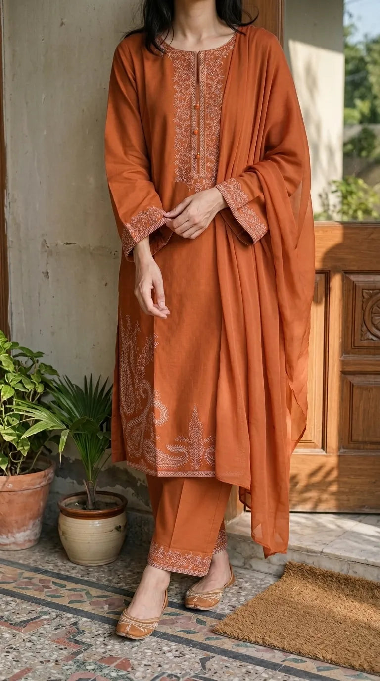 3 PC Embellished Cambric Stitched Suit PW601525
