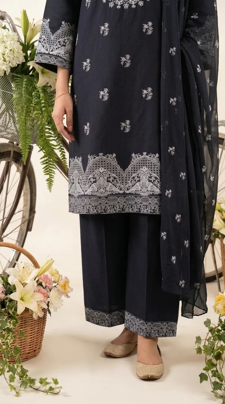 3 PC Embellished Cambric Stitched Suit PW601948