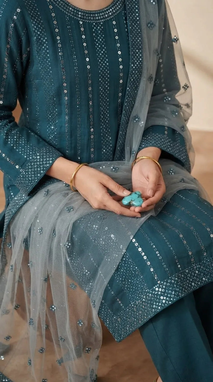 3 PC Embellished Khaddar Stitched Suit PW603696