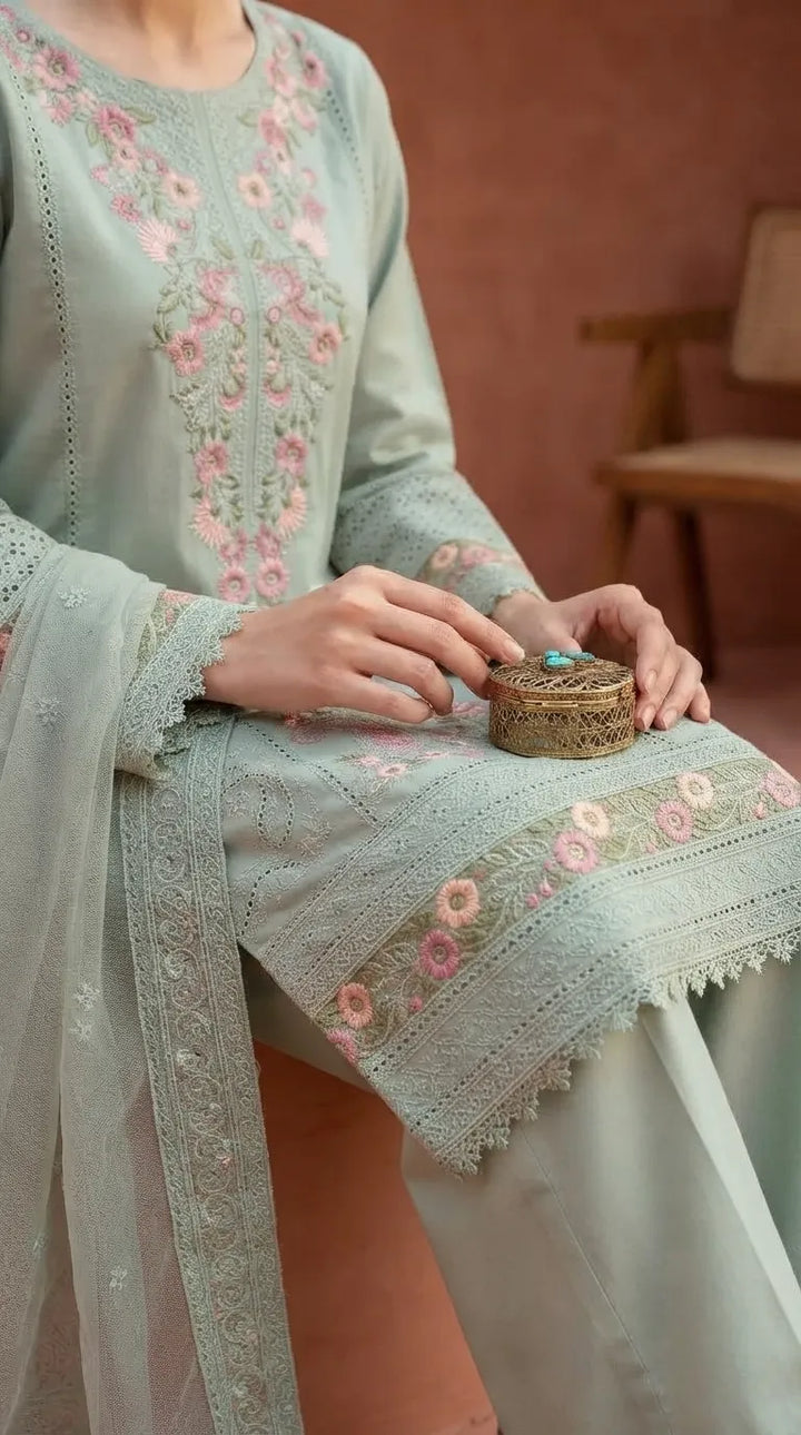 3 PC Embellished Karandi Stitched Suit PW604011