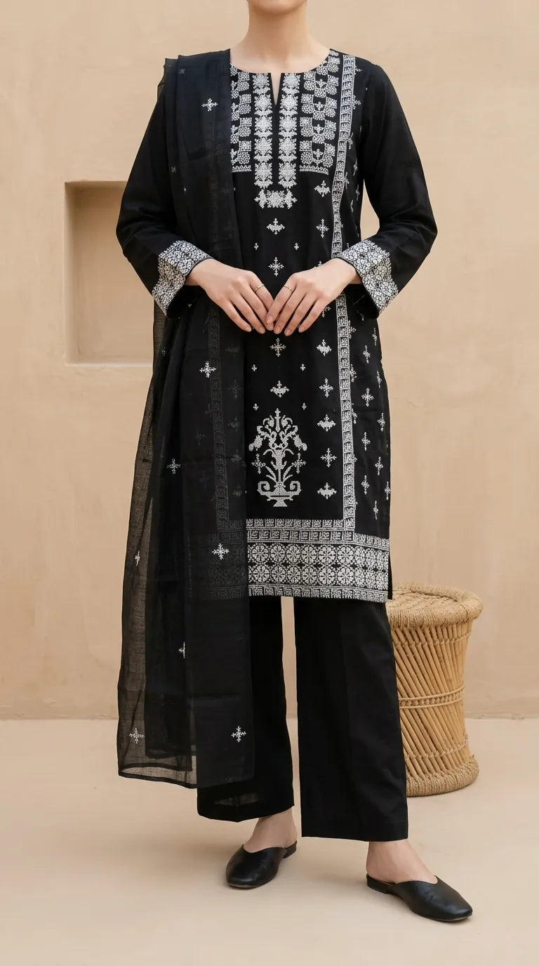 3 PC Embellished Khaddar Stitched Suit PW608401