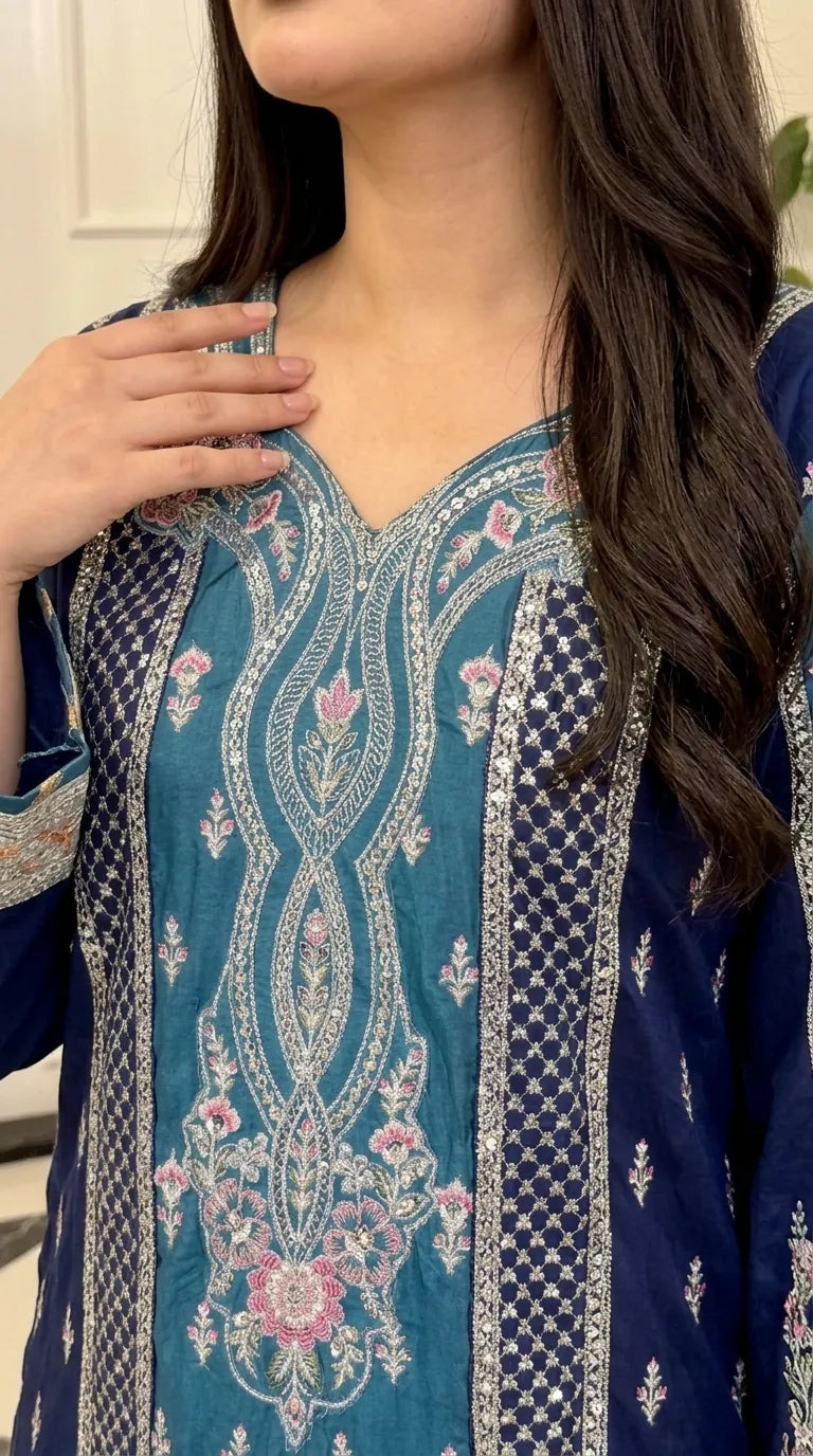 Blue Poly Khaddar Embroidered Kaftan PW629812