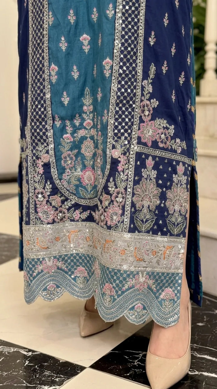 Blue Poly Khaddar Embroidered Kaftan PW629812