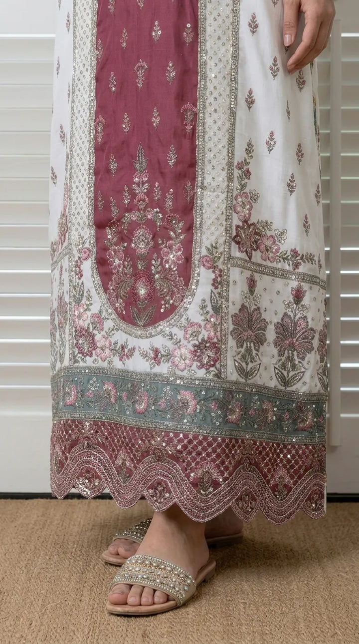 White Poly Khaddar Embroidered Kaftan PW629909