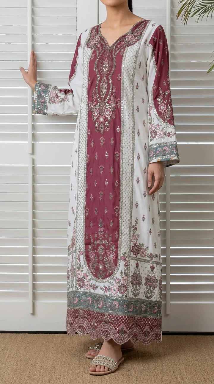 White Poly Khaddar Embroidered Kaftan PW629909
