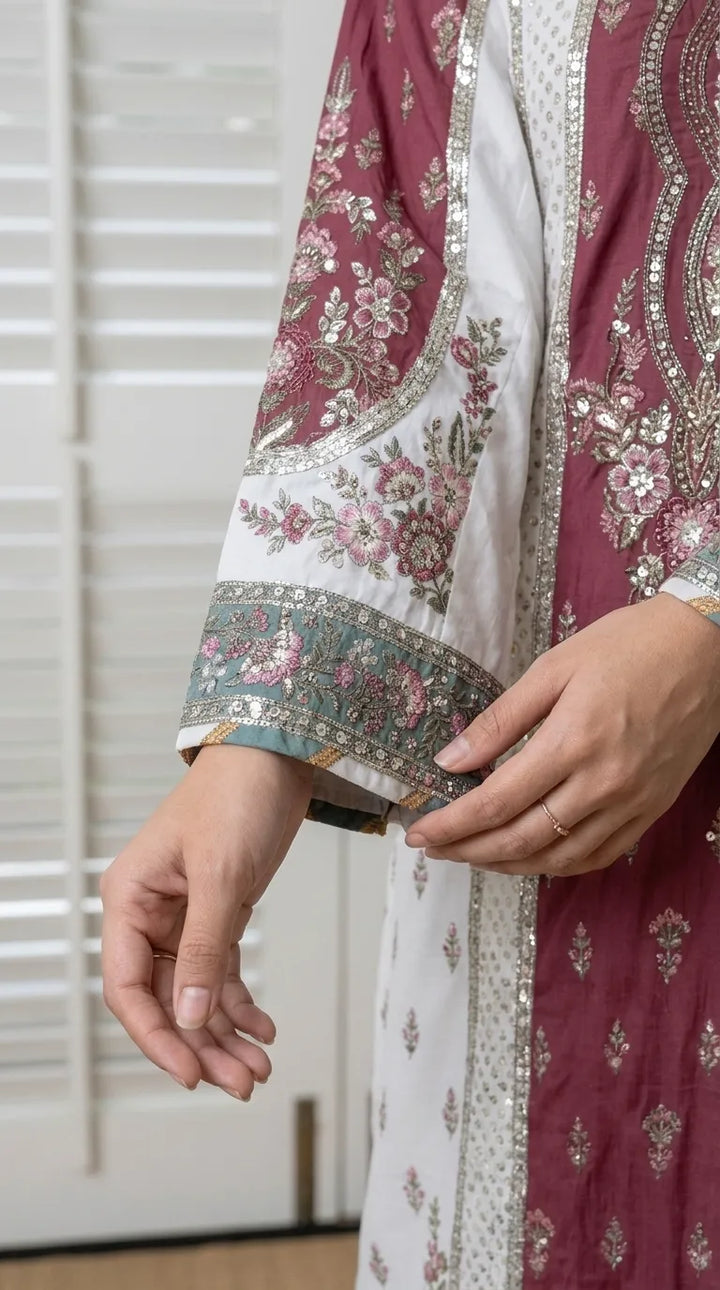 White Poly Khaddar Embroidered Kaftan PW629909