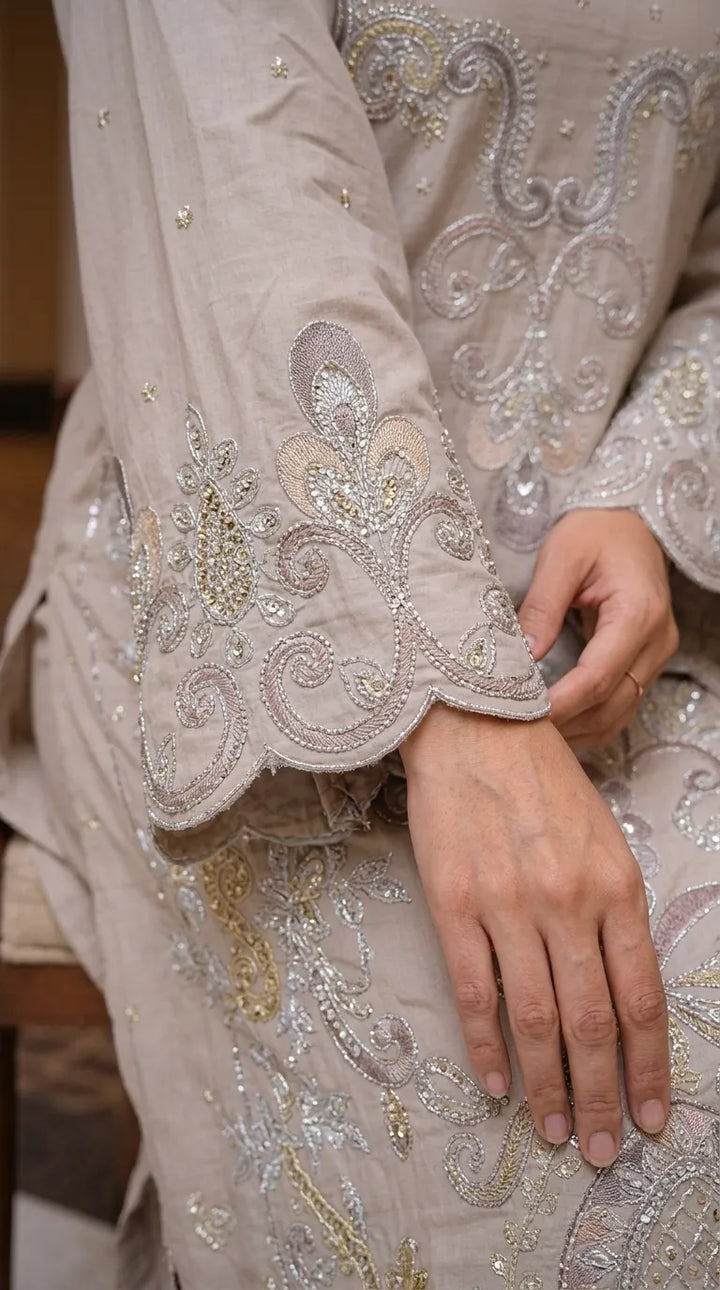 Beige Poly Khaddar Embroidered Kaftan PW630062