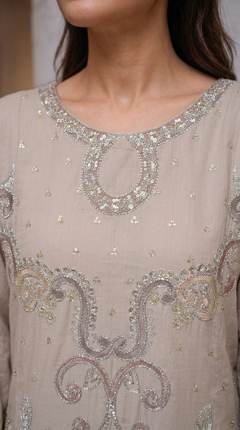 Beige Poly Khaddar Embroidered Kaftan PW630062
