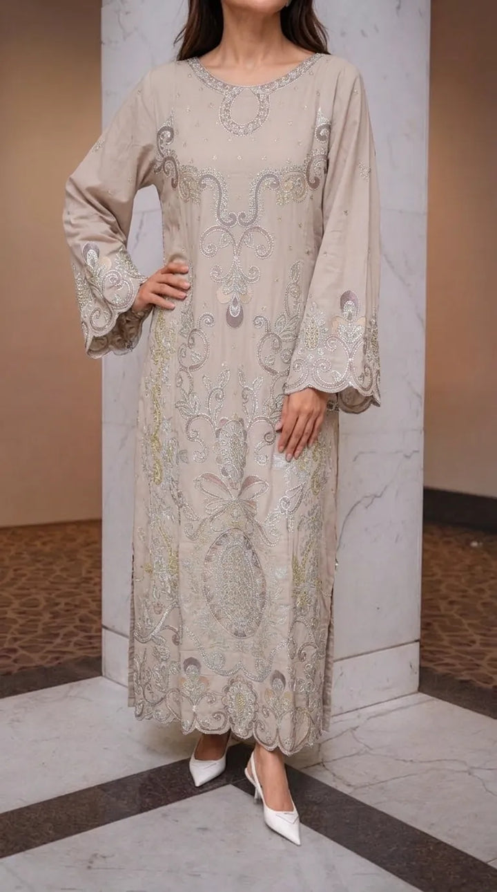 Beige Poly Khaddar Embroidered Kaftan PW630062