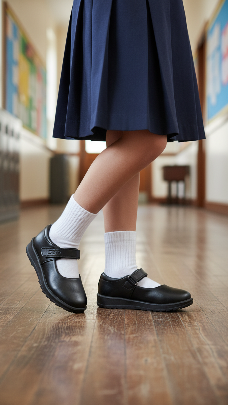 Girls Black Velcro Strap School Shoes SK0049