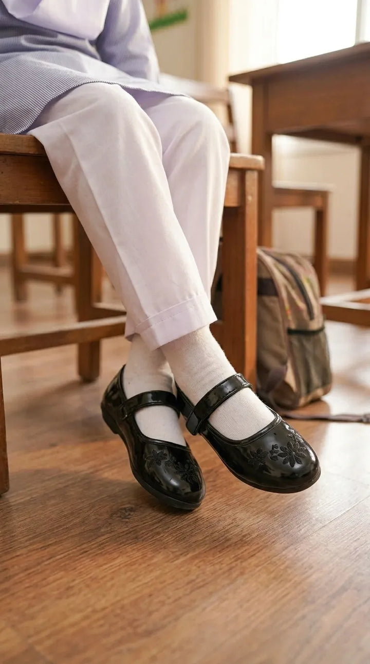Girls Black Velcro Strap School Shoes SK0107