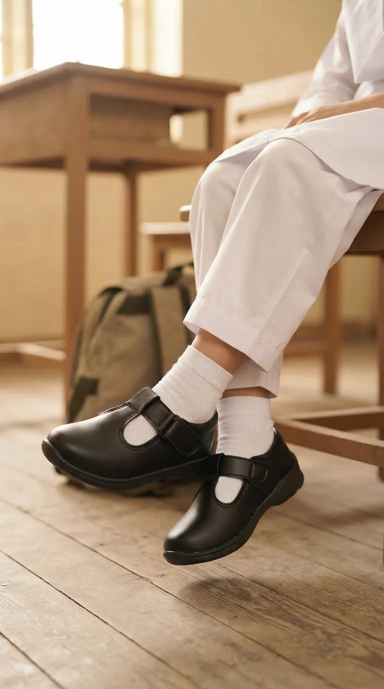 Girls Black Velcro Strap School Shoes SK0146