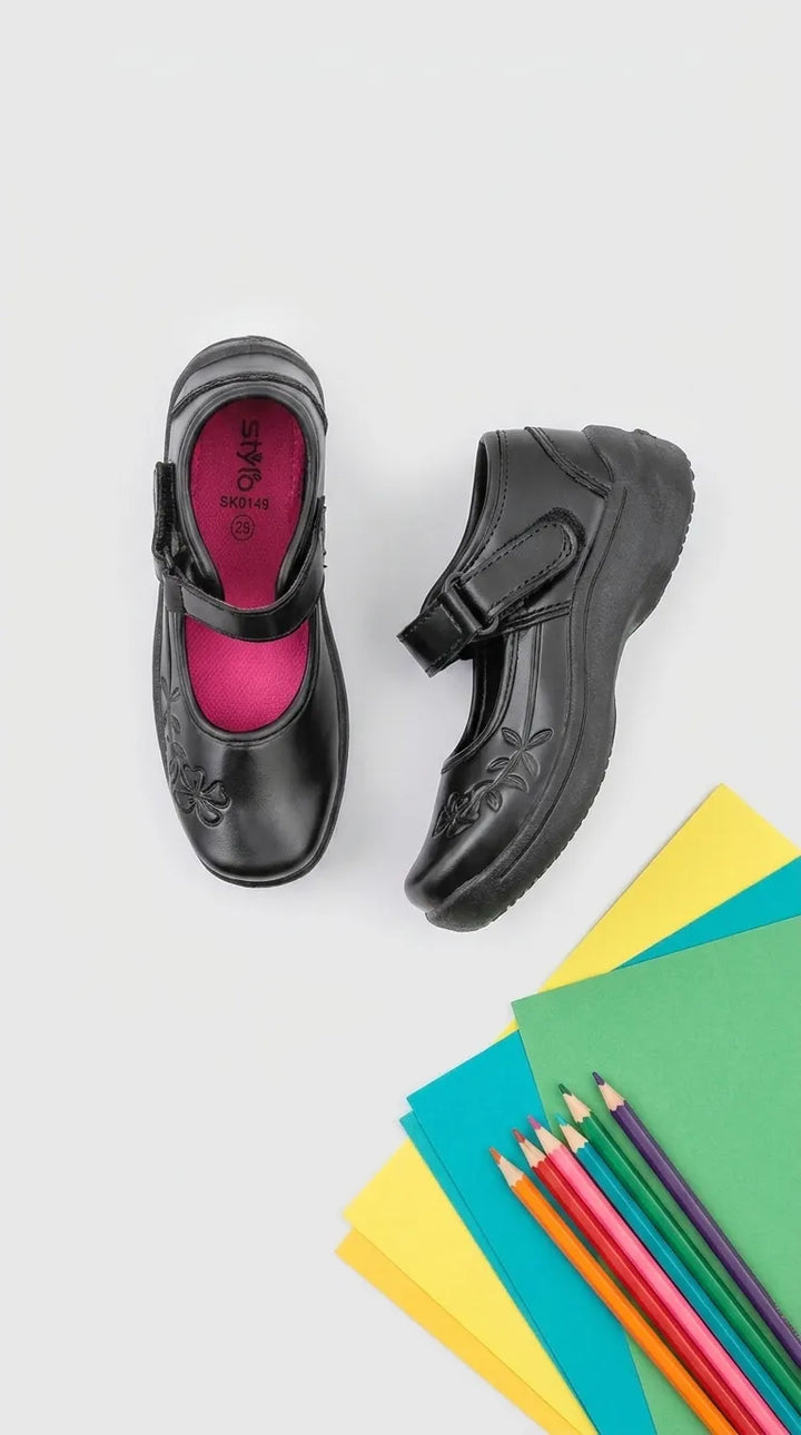 Girls Black Velcro Strap School Shoes SK0149