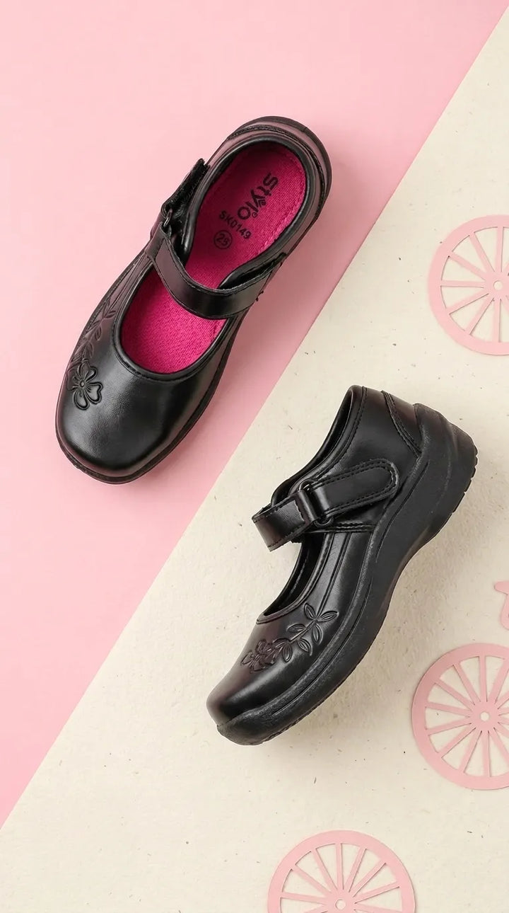 Girls Black Velcro Strap School Shoes SK0149