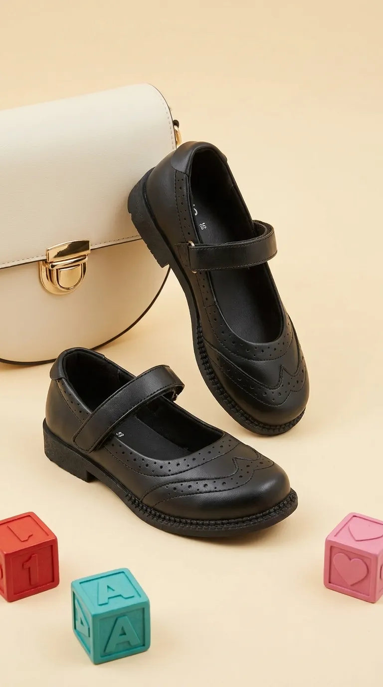 Girls Black Velcro Strap School Shoes SK0153