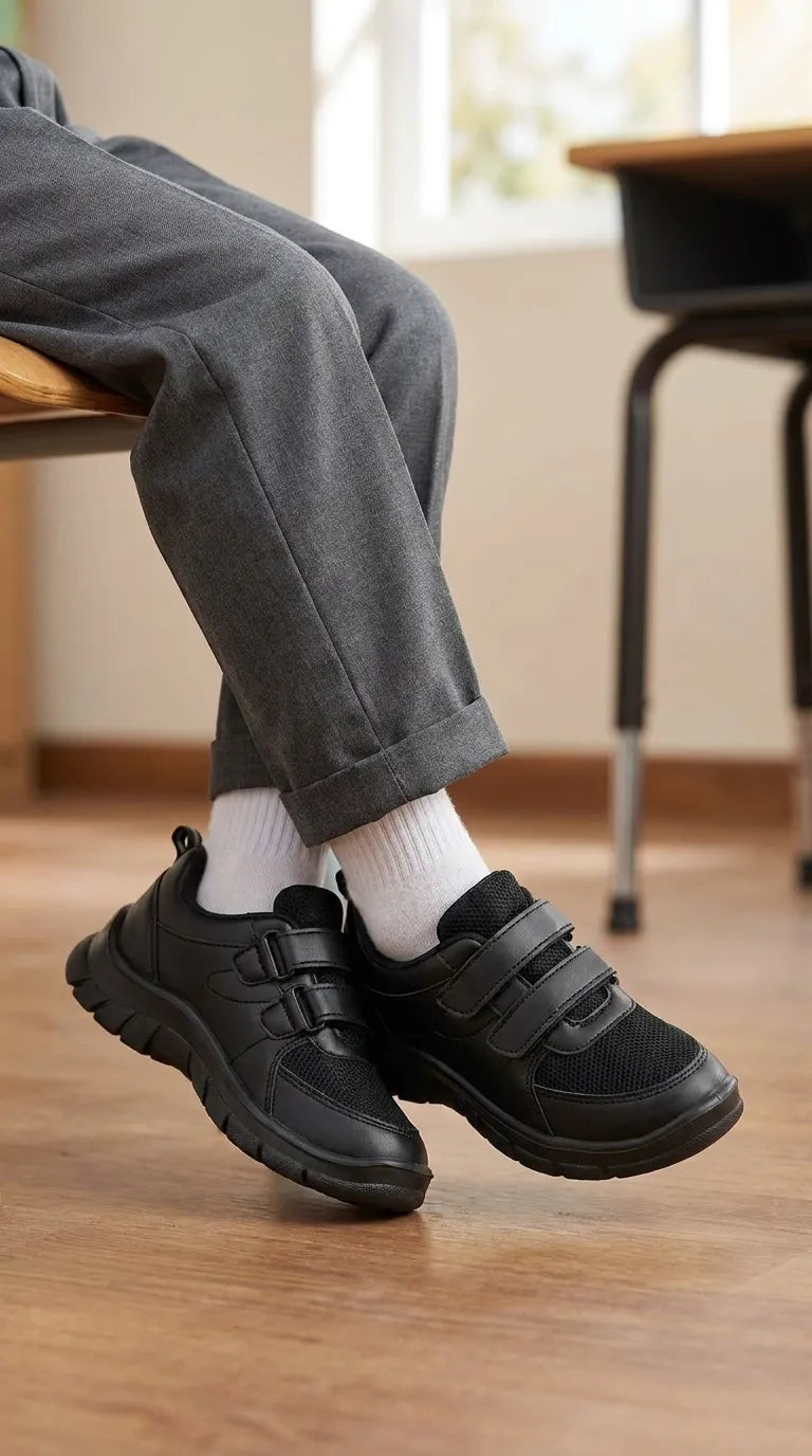Boys Black Dual Strap School Shoes SK1138