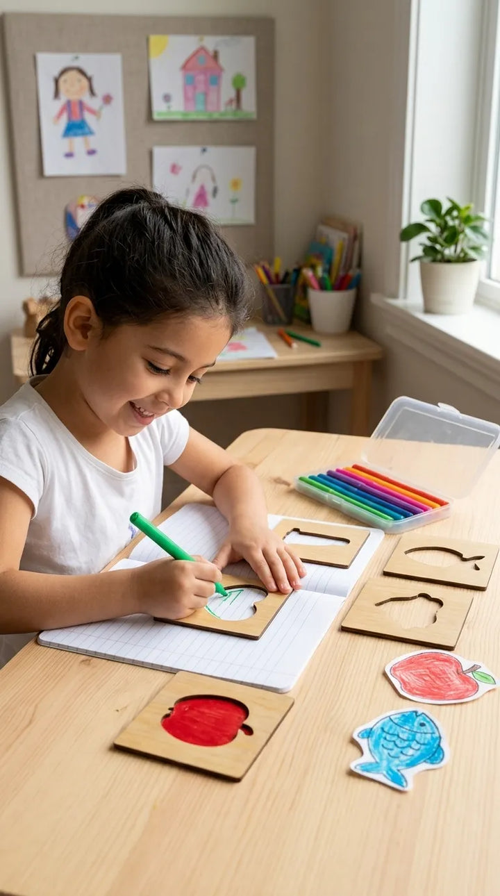 Kids Wooden Drawing Stencils Kit With Puzzle T7011662