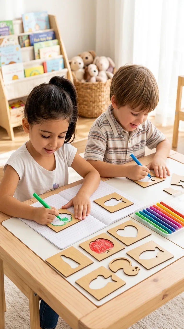 Kids Wooden Drawing Stencils Kit With Puzzle T7011662