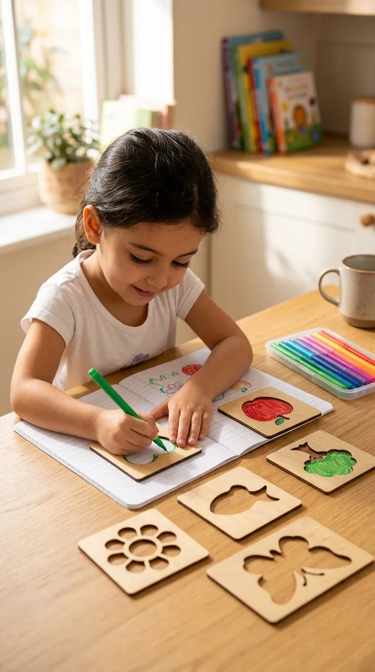 Kids Wooden Drawing Stencils Kit With Puzzle T7011662