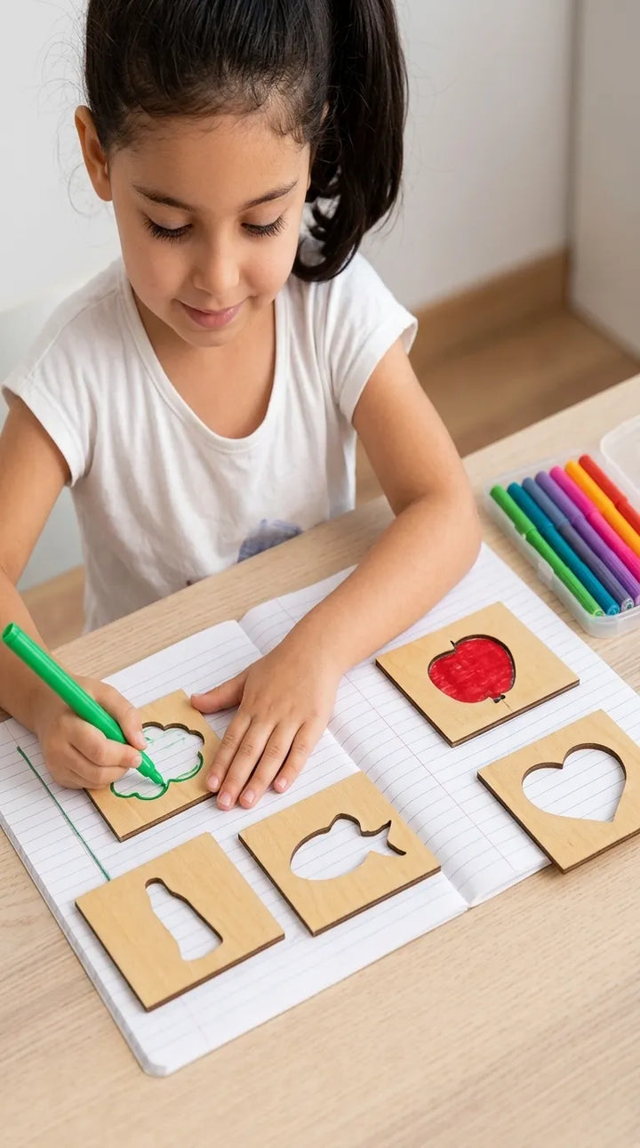Kids Wooden Drawing Stencils Kit With Puzzle T7011662